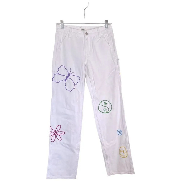 PACSUN Graphic Low Rise Carpenter Pants White Embroidered Size 24 - Picture 3 of 13